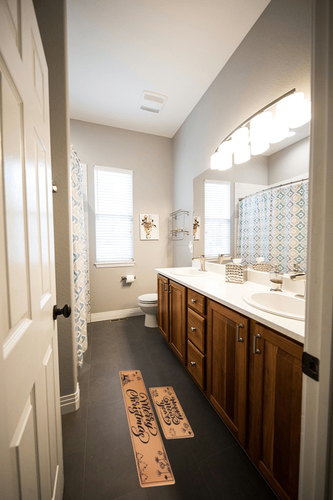 Bathroom rug ideas brown in Wooden and Grey Bathroom