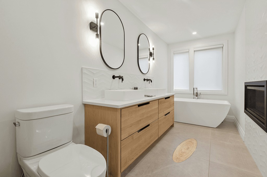 Jute rug decorating ideas in Scandinavian Neutral bathroom