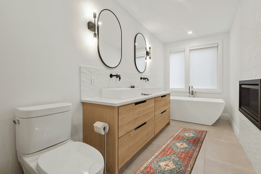 Bathroom runner rug ideas in Scandinavian Neutral bathroom
