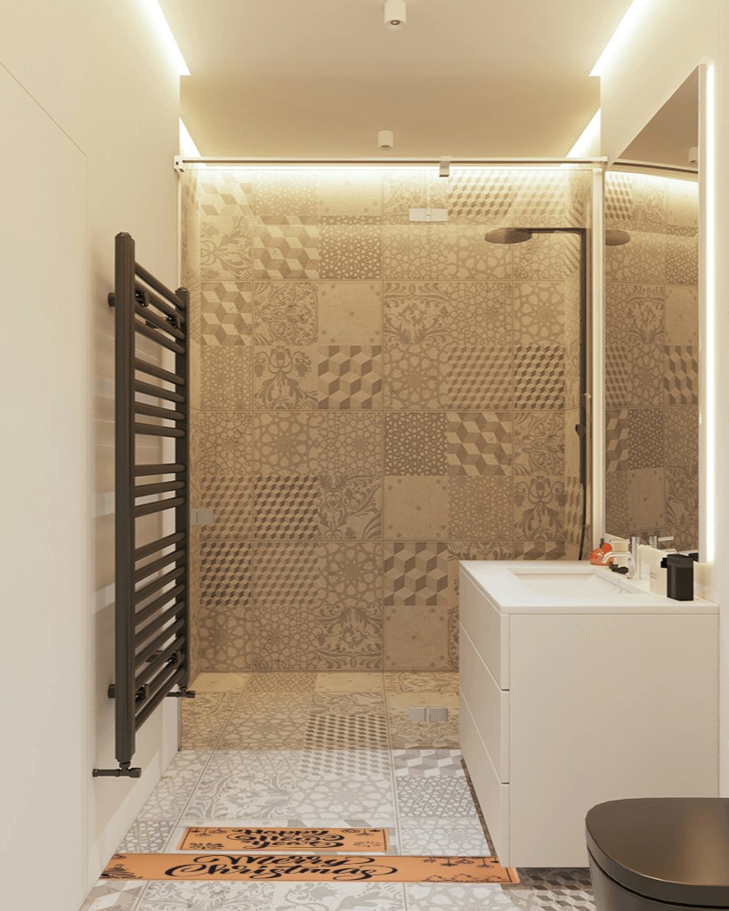 Bathroom rug ideas orange in White Tiled Bathroom