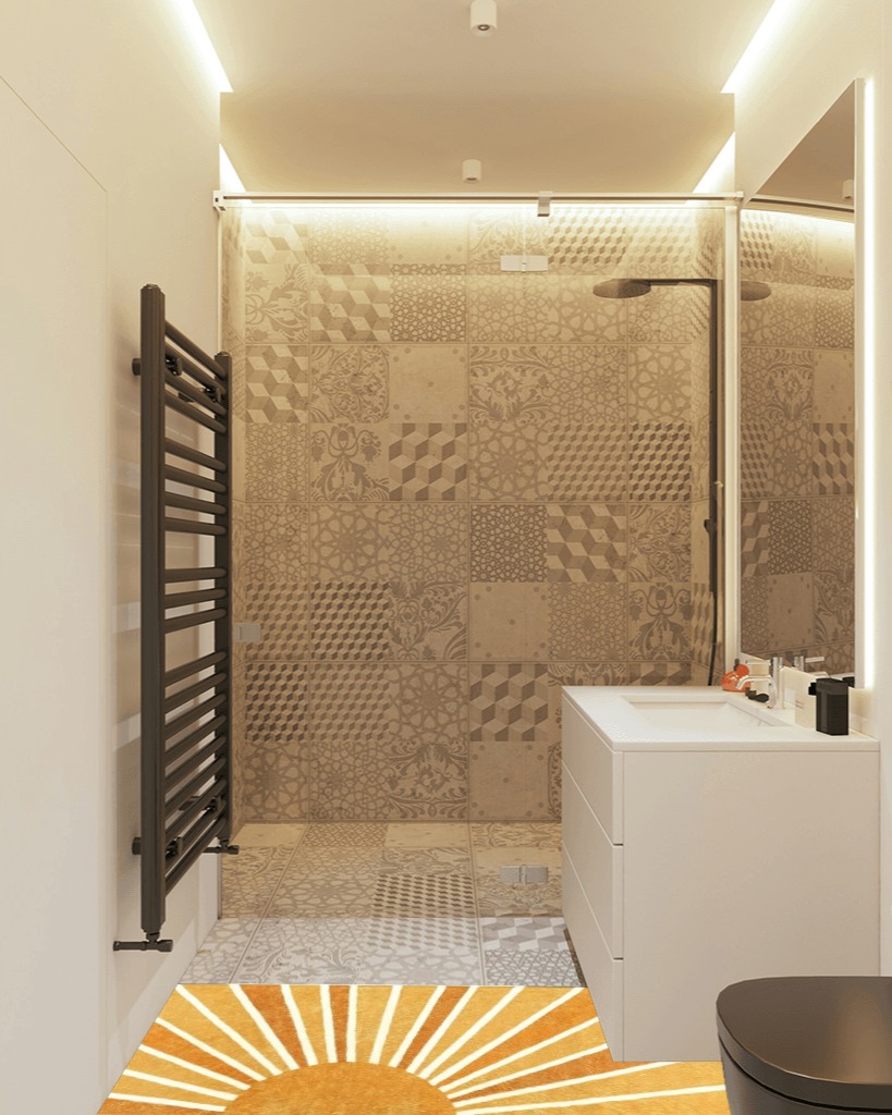 Small bathroom rug ideas in White Tiled Bathroom