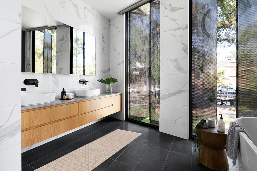 Rug runner ideas in Modern Black Tiled bathroom