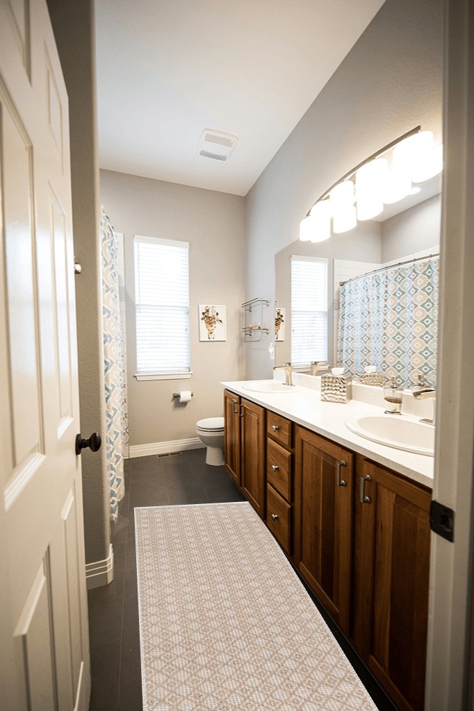 Rug runner ideas in Wooden and Grey Bathroom