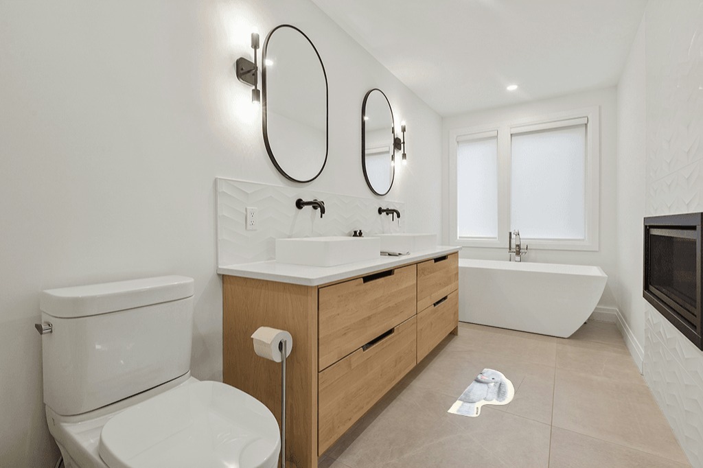 Bathroom rug ideas beige in Scandinavian Neutral bathroom