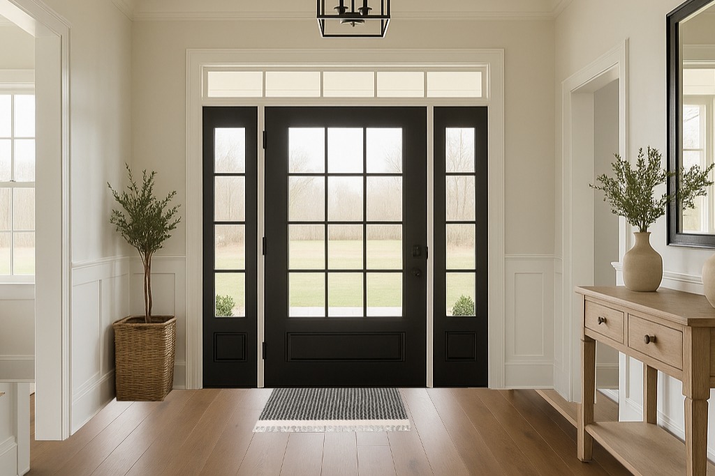 Are black rugs a bad idea in White Transitional Foyer