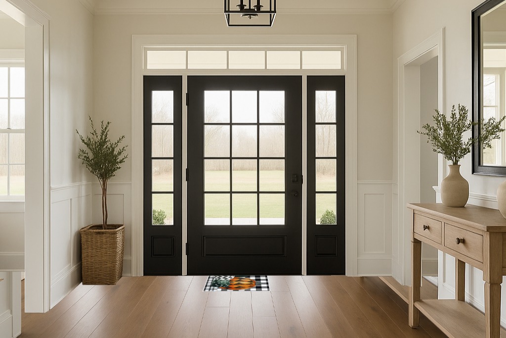 Are black rugs a bad idea in White Transitional Foyer