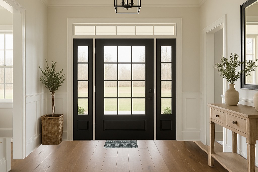 Farmhouse rug ideas in White Transitional Foyer