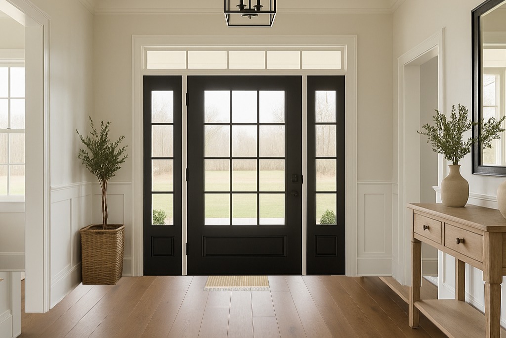 Farmhouse rug ideas in White Transitional Foyer