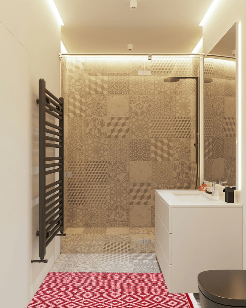 Farmhouse rug ideas in White Tiled Bathroom