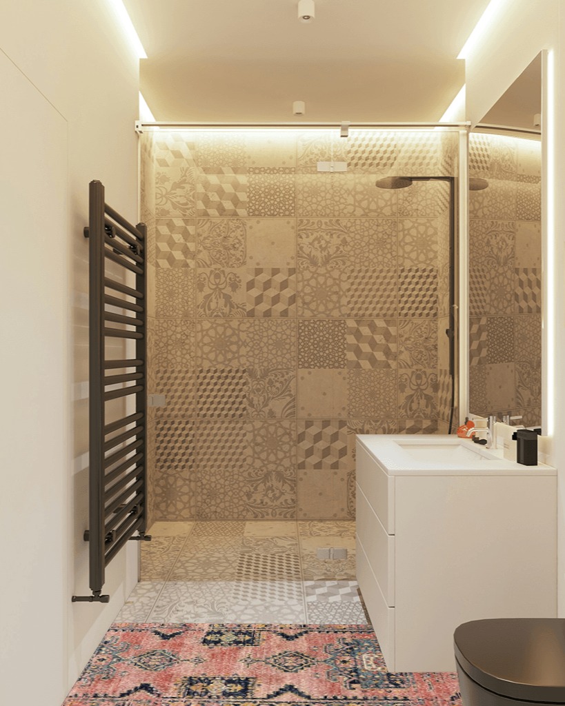 Bathroom rug ideas brown in White Tiled Bathroom