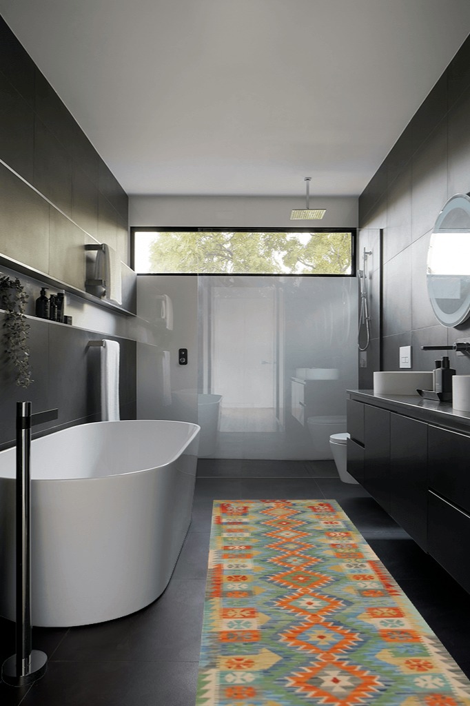Bathroom rug ideas orange in Black Modern Bathroom