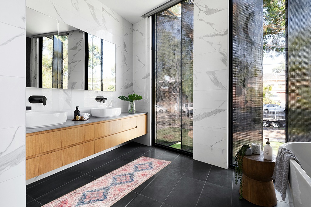 Rug ideas in Modern Black Tiled bathroom
