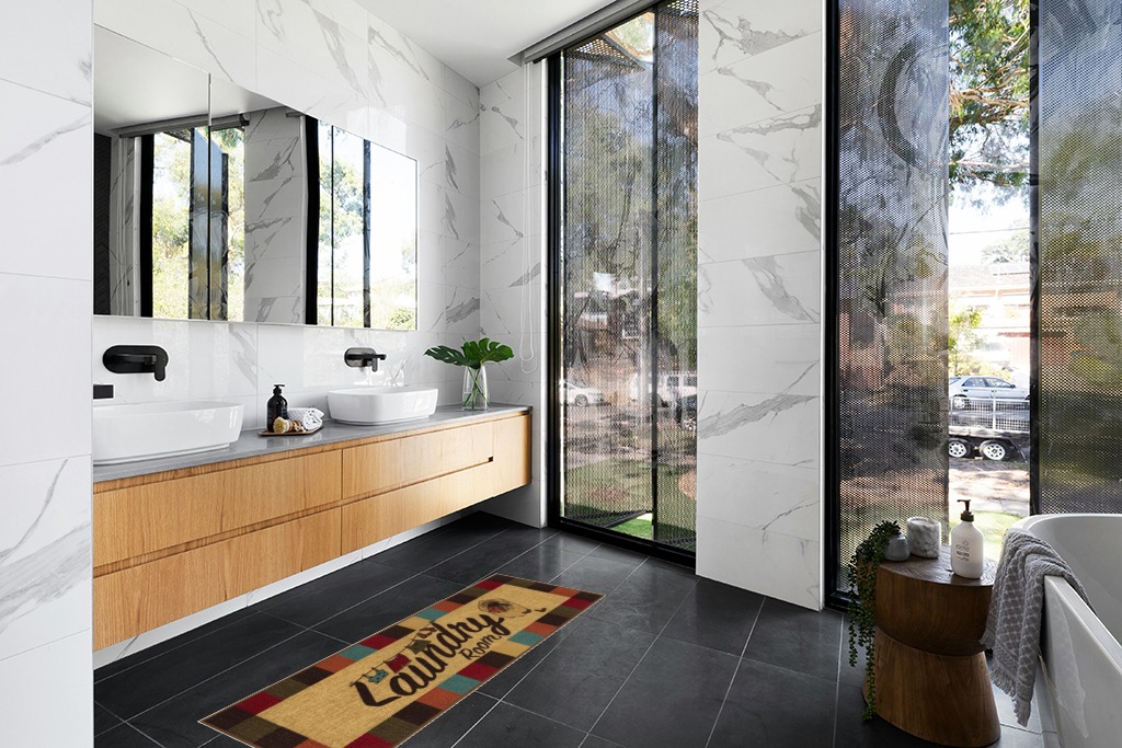 Rug ideas in Modern Black Tiled bathroom