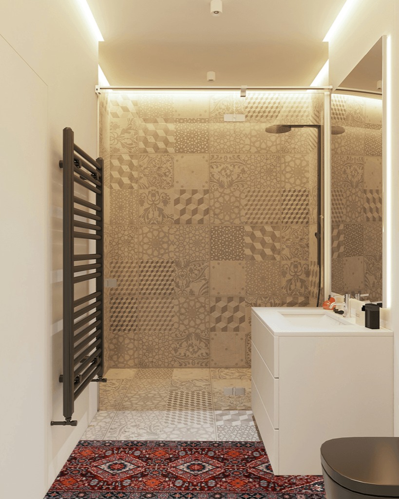 Oriental rug decorating ideas in White Tiled Bathroom