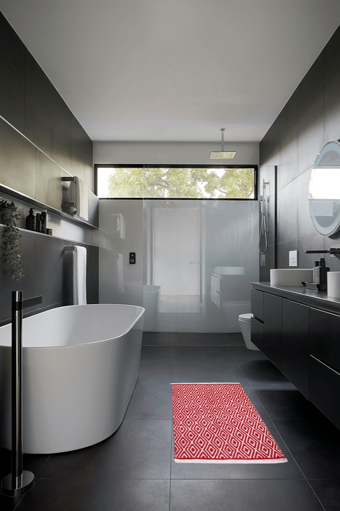 Farmhouse rug ideas in Black Modern Bathroom