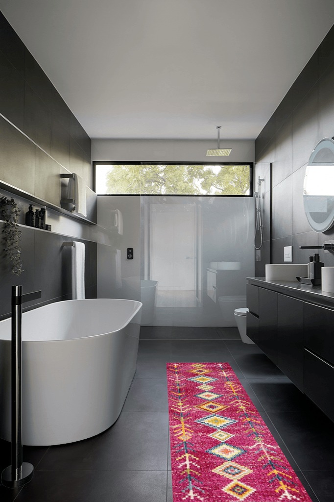 Bathroom rug ideas purple in Black Modern Bathroom