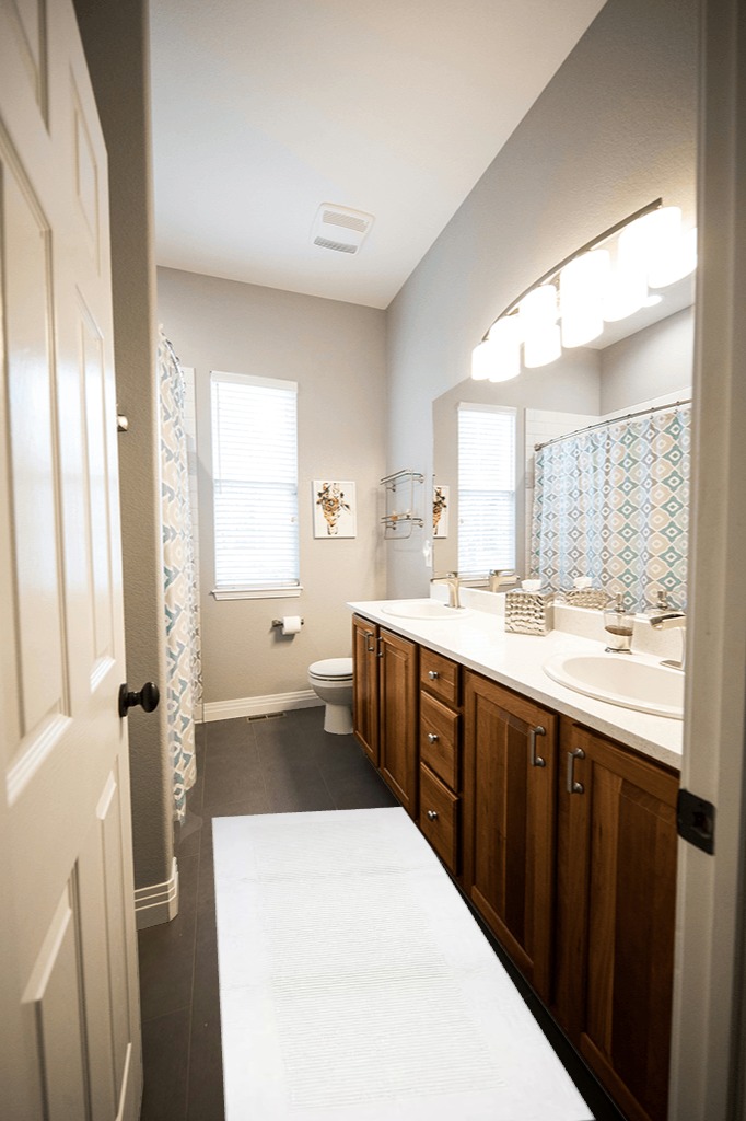 Small bathroom rug ideas in Wooden and Grey Bathroom