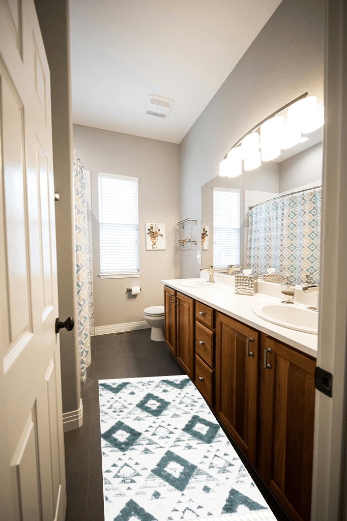 Bathroom rug ideas teal in Wooden and Grey Bathroom