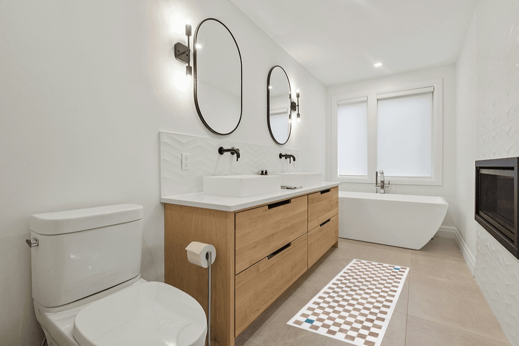 Rug runner ideas in Scandinavian Neutral bathroom