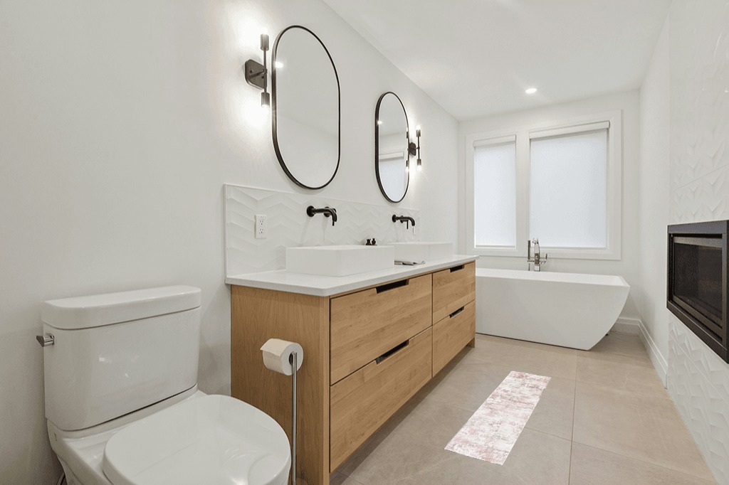 Bathroom rug ideas pink in Scandinavian Neutral bathroom