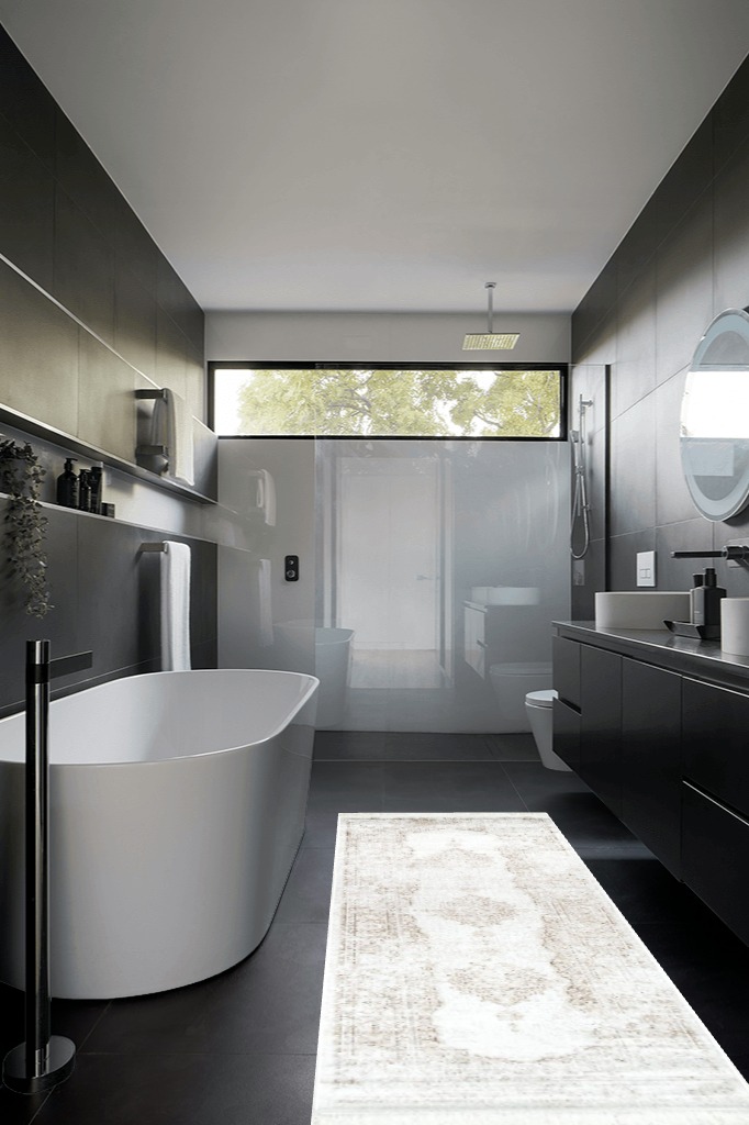 Cowhide rug decor ideas in Black Modern Bathroom