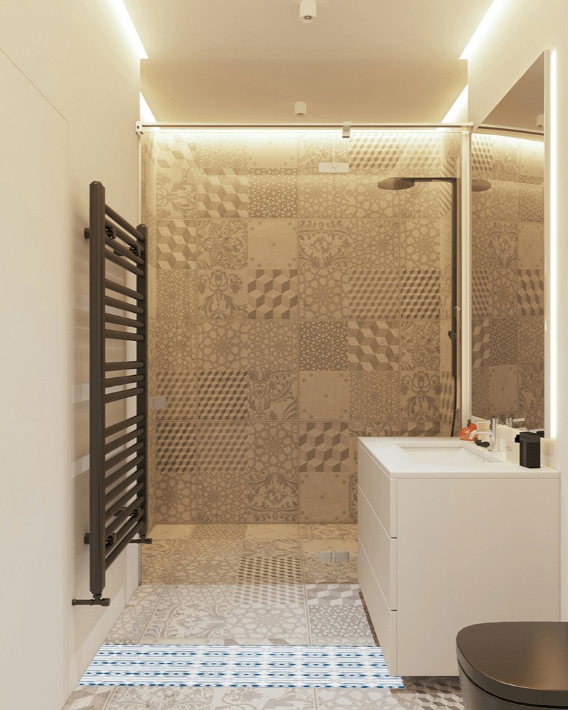 Blue rug ideas in White Tiled Bathroom