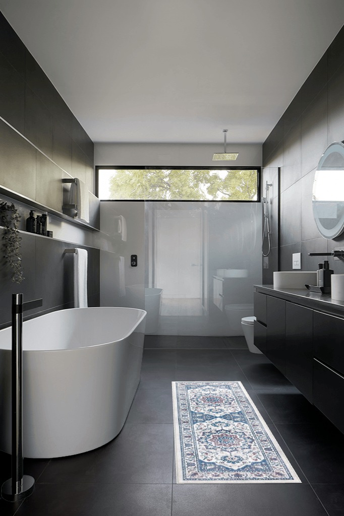 Blue rug ideas in Black Modern Bathroom