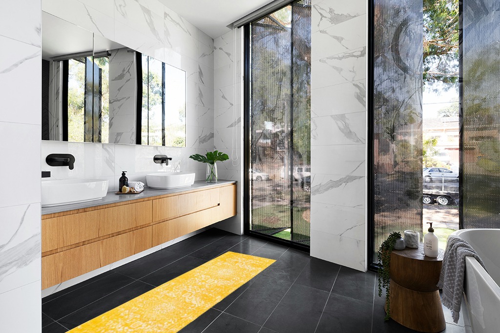 Bathroom rug ideas yellow in Modern Black Tiled bathroom