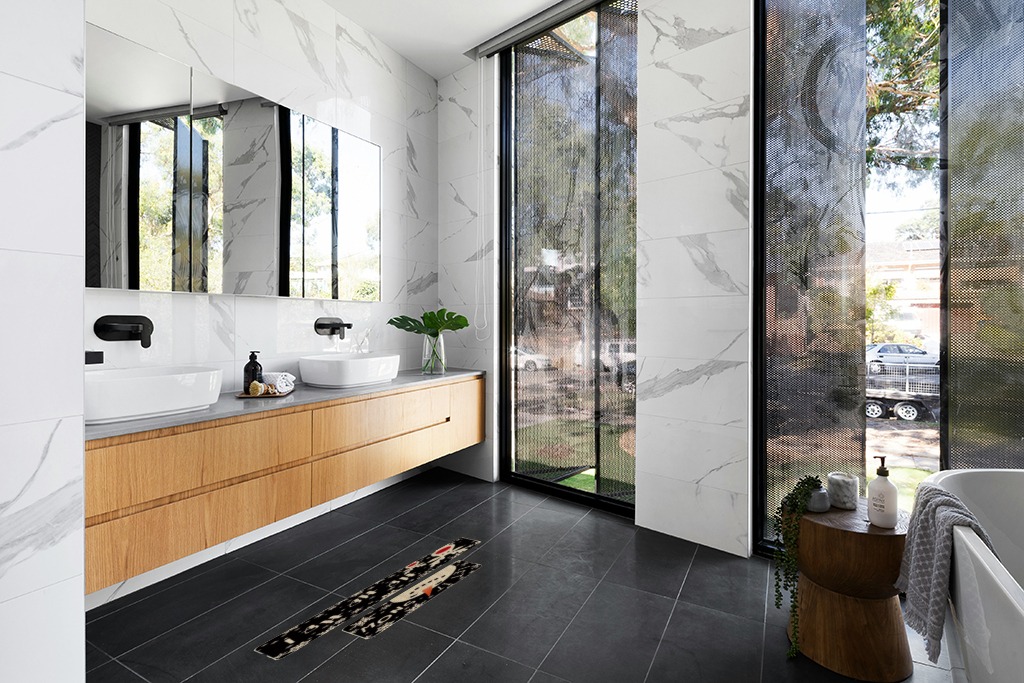 Are black rugs a bad idea in Modern Black Tiled bathroom