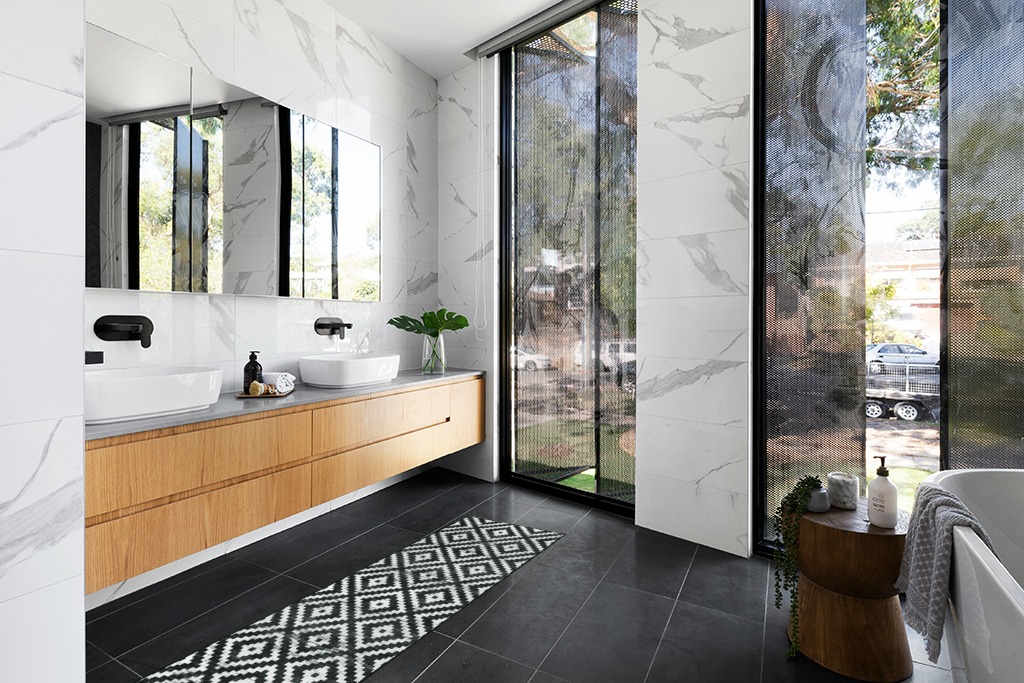Black and white rug ideas in Modern Black Tiled bathroom