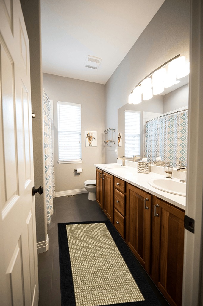 Rug runner ideas in Wooden and Grey Bathroom