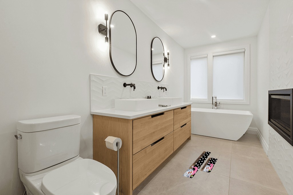 Are black rugs a bad idea in Scandinavian Neutral bathroom