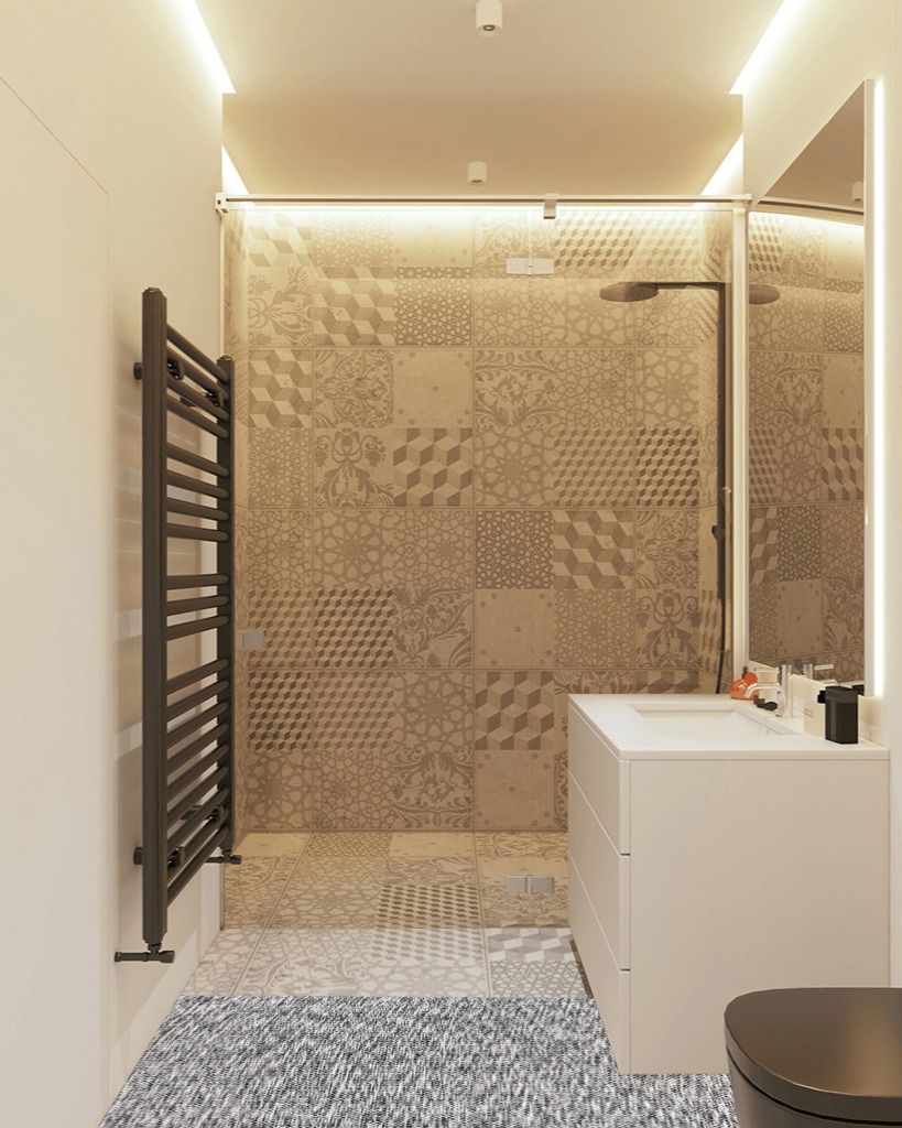 Are black rugs a bad idea in White Tiled Bathroom