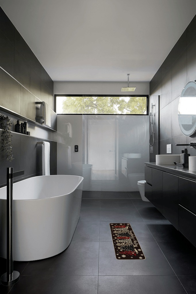 Are black rugs a bad idea in Black Modern Bathroom
