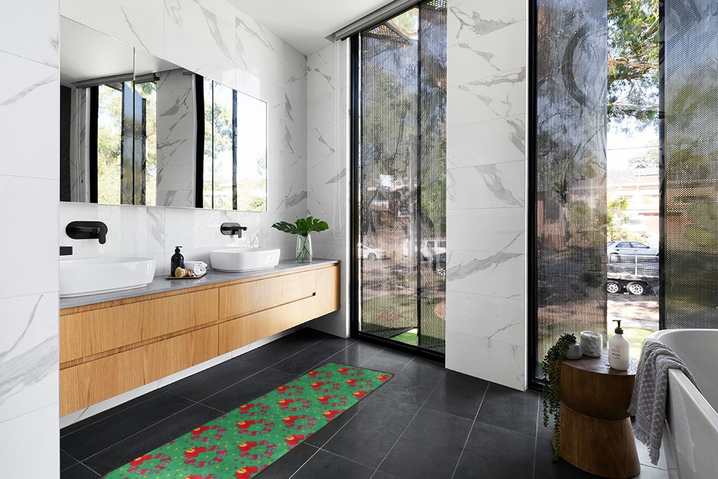 Green rug ideas in Modern Black Tiled bathroom