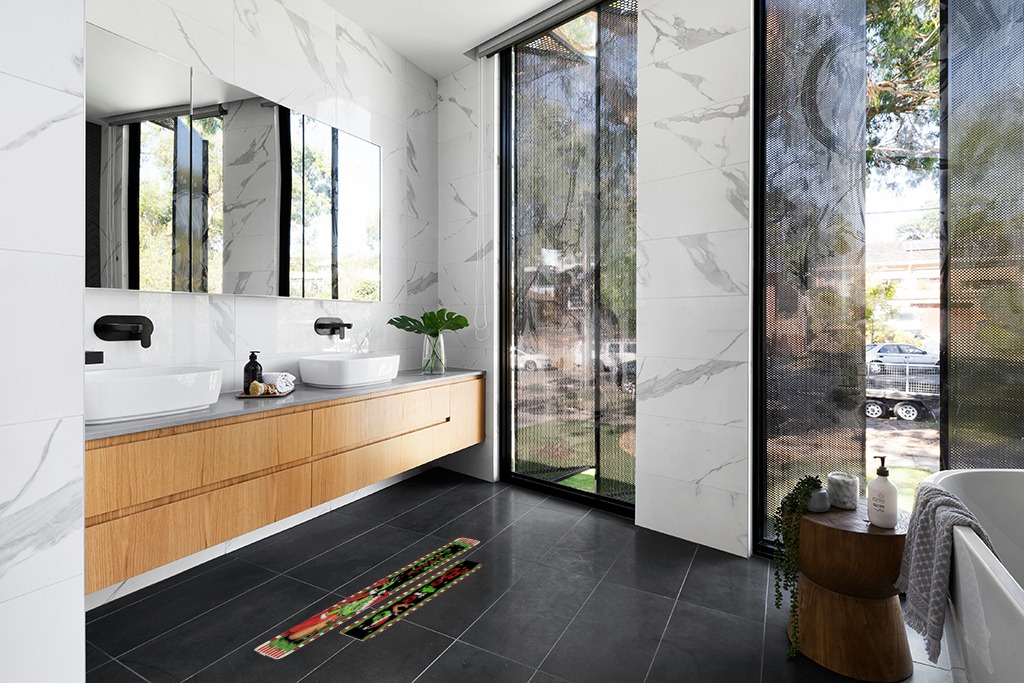 Green rug ideas in Modern Black Tiled bathroom