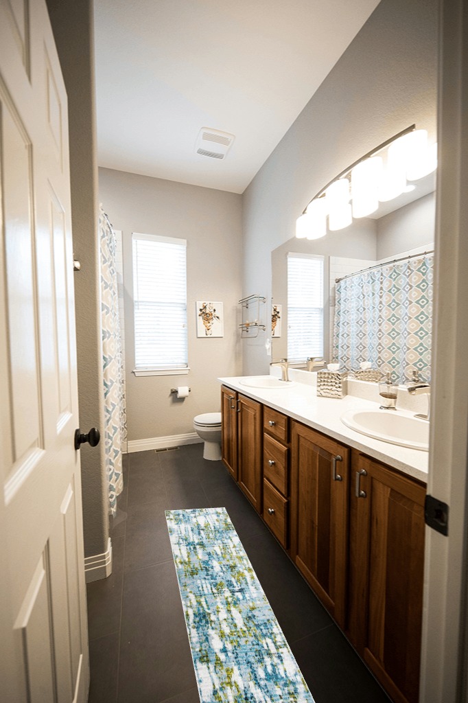 Blue rug ideas in Wooden and Grey Bathroom