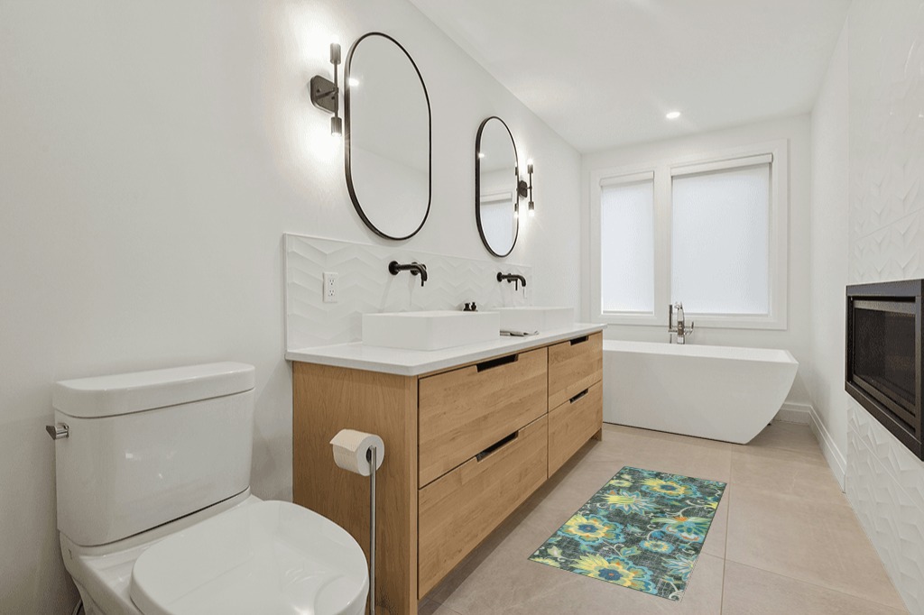 Small bathroom rug ideas in Scandinavian Neutral bathroom