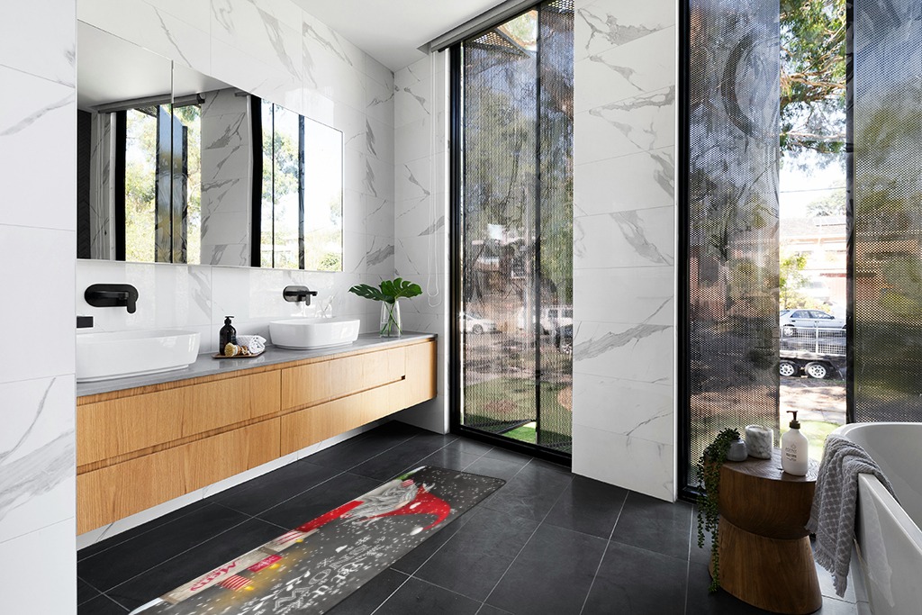 Grey rug ideas in Modern Black Tiled bathroom