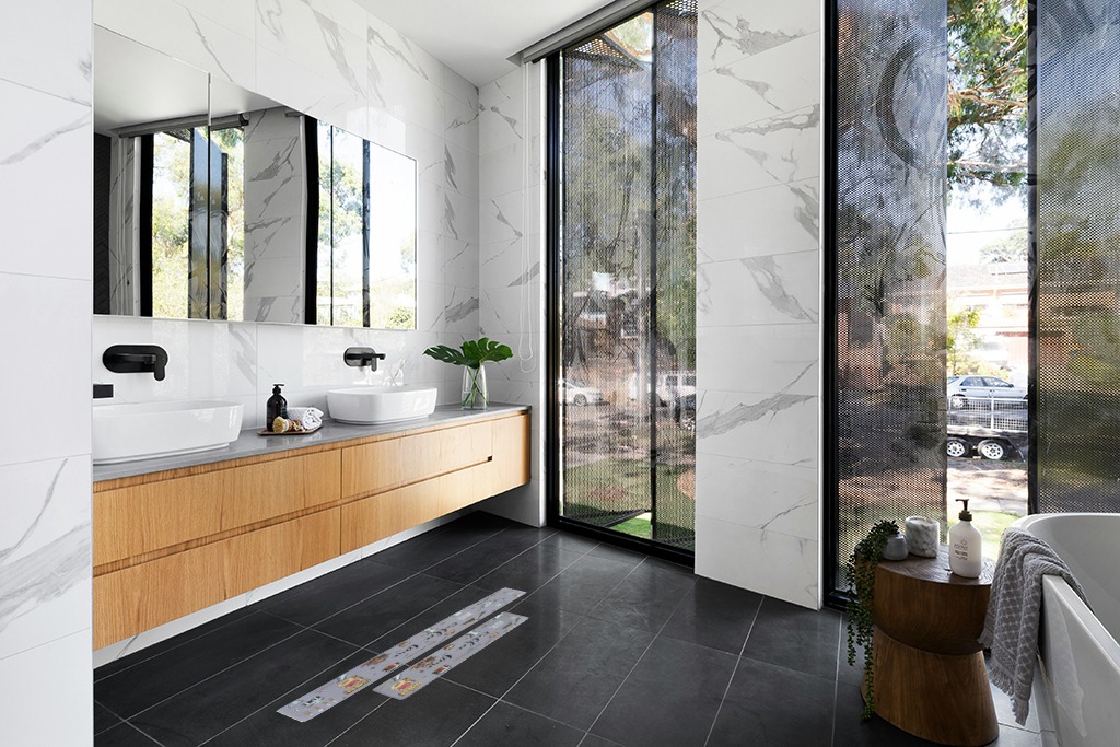 Grey rug ideas in Modern Black Tiled bathroom