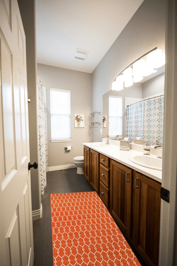 Bathroom rug ideas orange in Wooden and Grey Bathroom