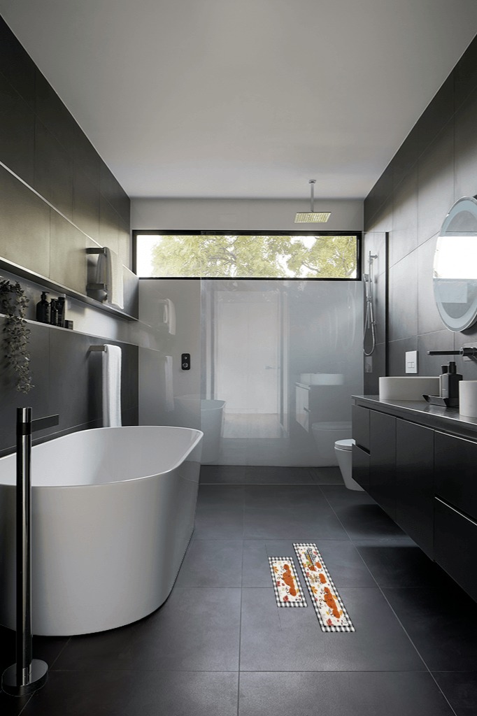 Bathroom rug ideas orange in Black Modern Bathroom