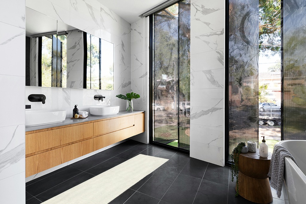 Bathroom rug ideas ivory in Modern Black Tiled bathroom