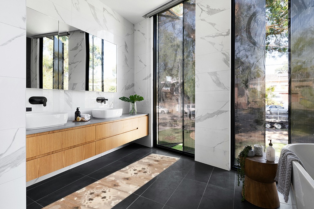 Bathroom rug ideas brown in Modern Black Tiled bathroom