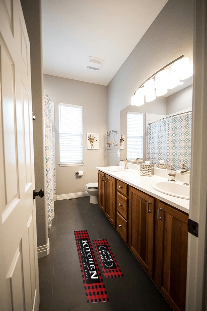 Bathroom rug ideas red in Wooden and Grey Bathroom