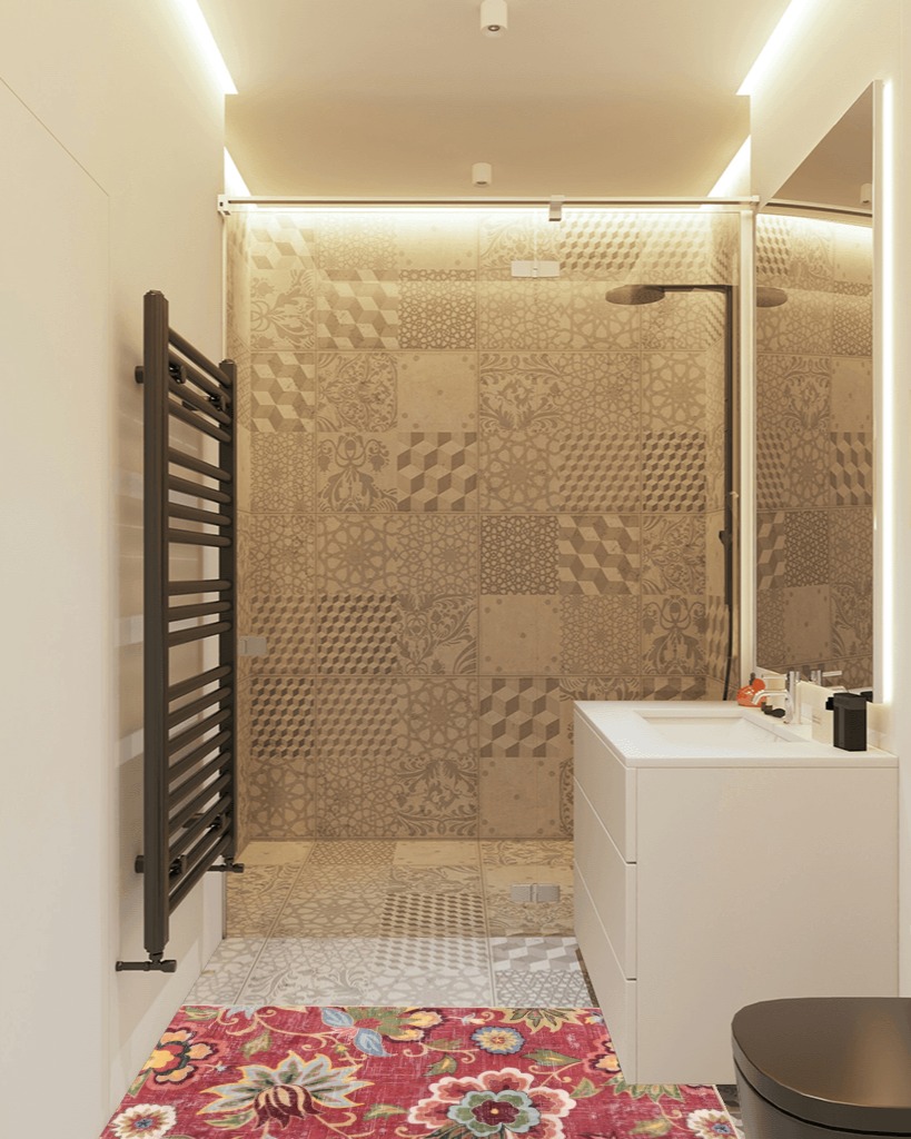 Bathroom rug ideas red in White Tiled Bathroom