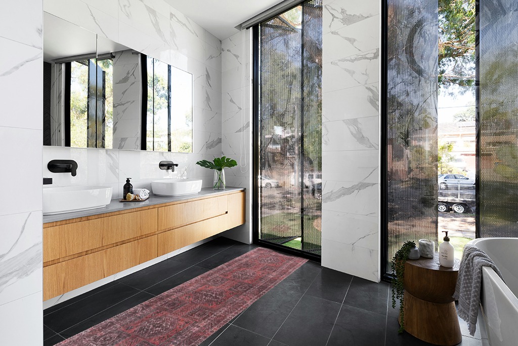 Bathroom rug ideas brown in Modern Black Tiled bathroom