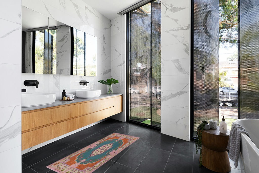 Rug ideas in Modern Black Tiled bathroom