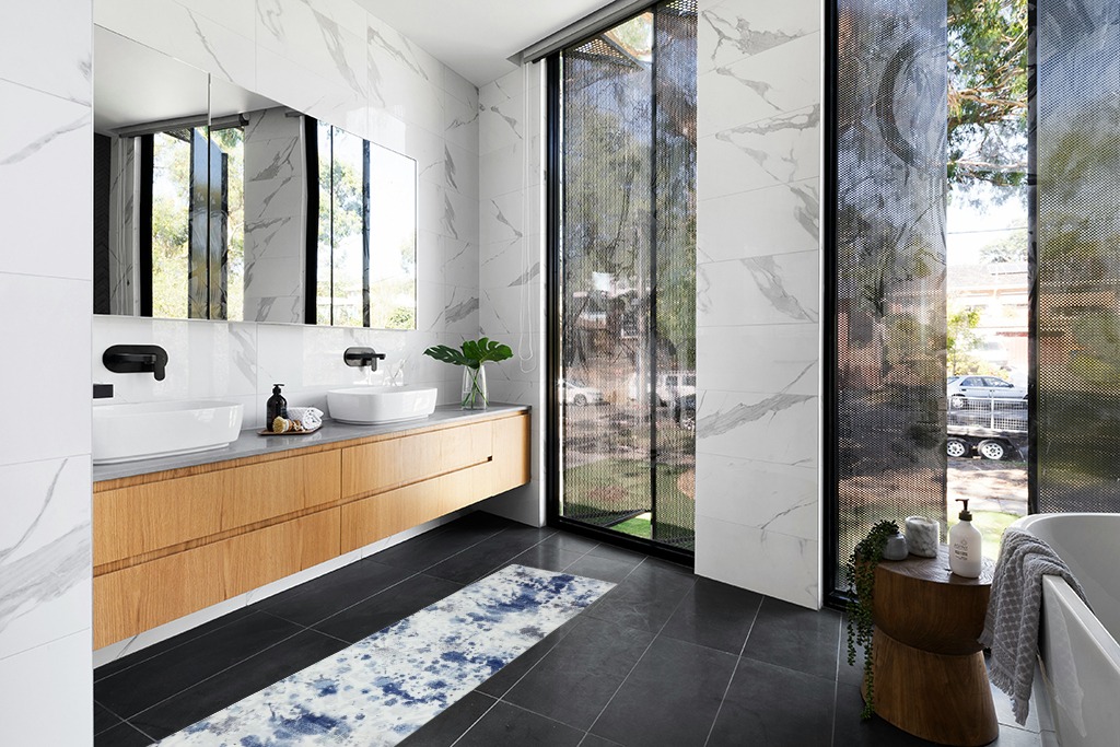 Rug ideas in Modern Black Tiled bathroom