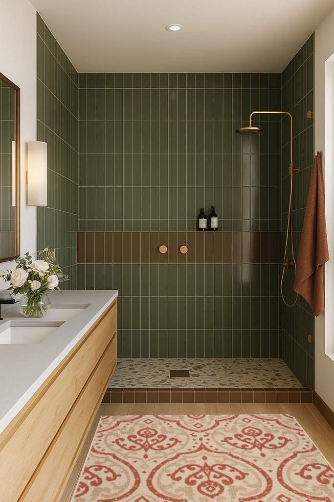 Safavieh Martha Stewart MSR4114-23112 4'0" x 5'7" Beige / Terracotta Area Rug in Green Bathroom